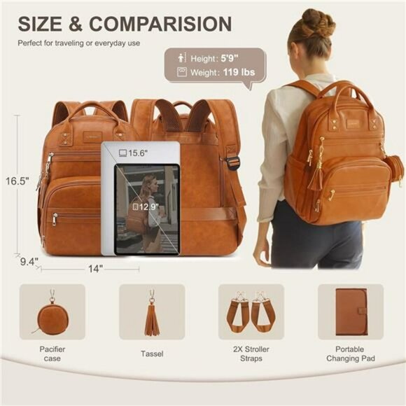 Vegan Leather Diaper Bag Backpack Baby Travel Organizer with Changing Pad - Picture 6 of 7